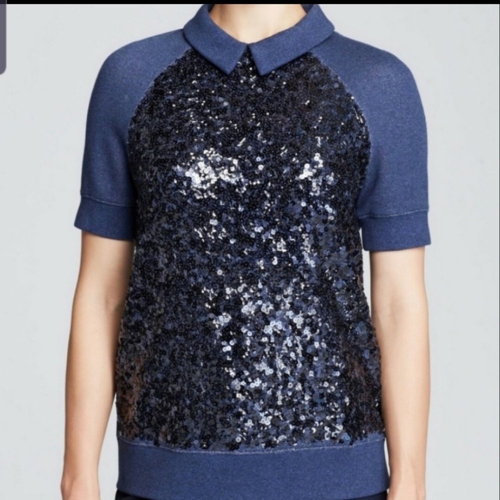 Kate Spade New York Blue Sequin Front Peter Pan Collar Sweatshirt‎ Top Womens S